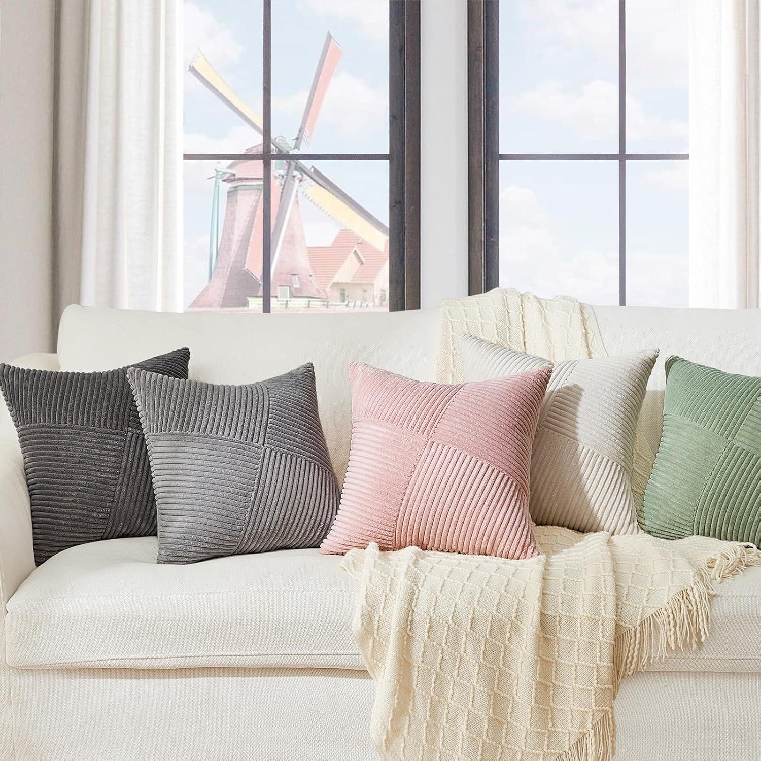Kissenbezug 50x50 Grau Kordsamt 2er Set Windmühle Streifen Muster Sofa