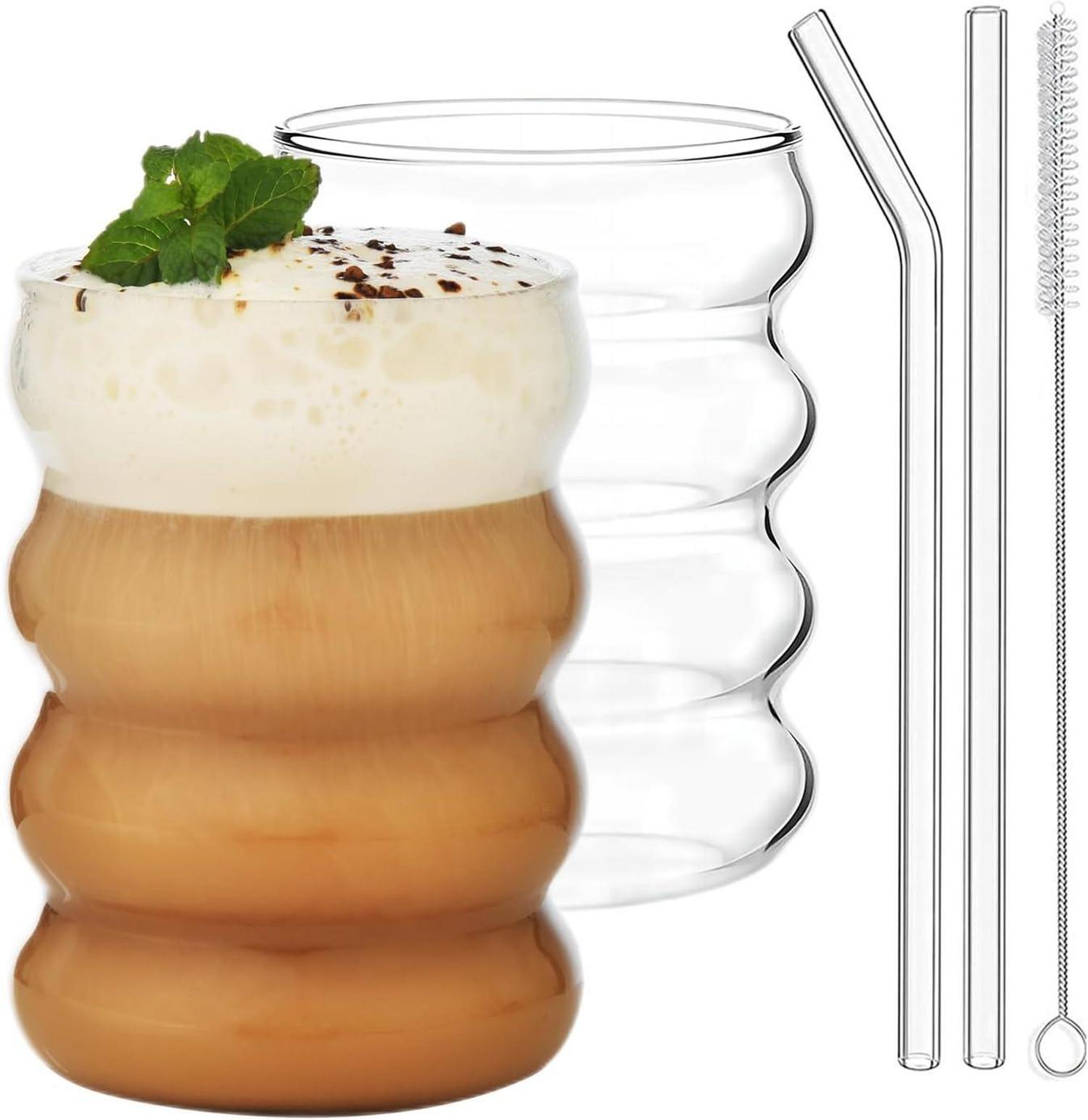 Gerippte Trinkgläser mit Glasstrohhalmen 2er Set 530ml