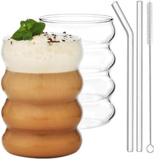 Gerippte Trinkgläser mit Glasstrohhalmen 2er Set 530ml