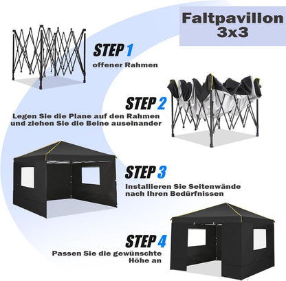 Pop Up Pavillon 3x3 Wasserdicht Stabil mit 4 Seitenteilen UV-Schutz