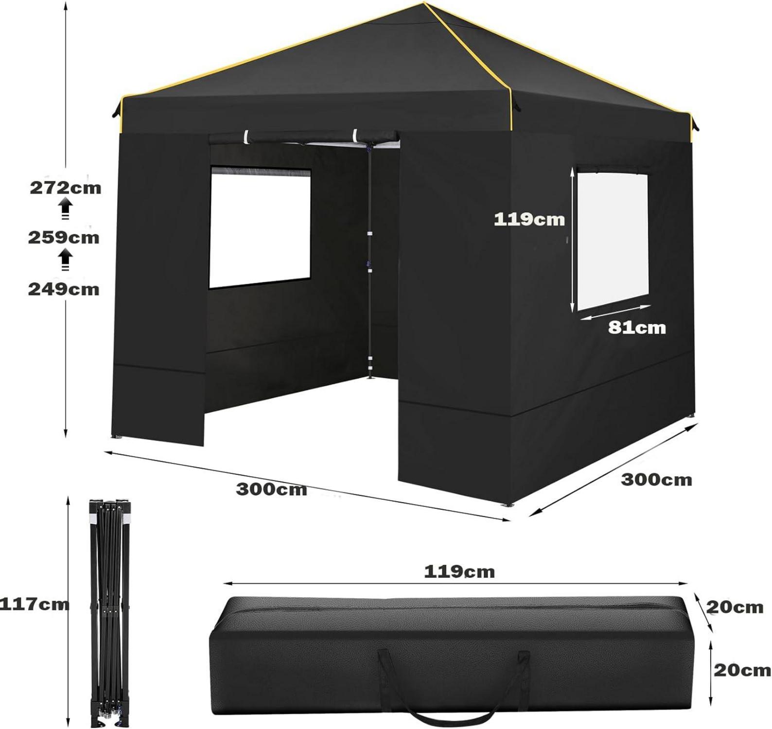 Pop Up Pavillon 3x3m Wasserdicht Stabil UV-Schutz Faltbar, 4 Seitenteilen