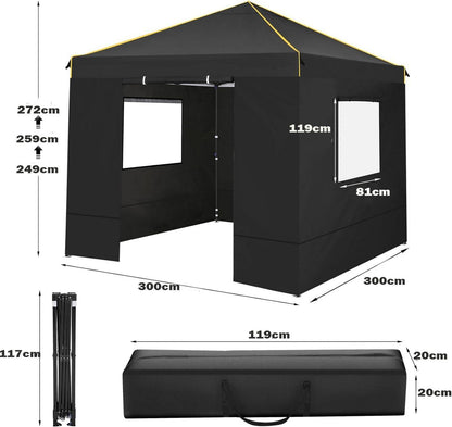 Pop Up Pavillon 3x3m Wasserdicht Stabil UV-Schutz Faltbar, 4 Seitenteilen