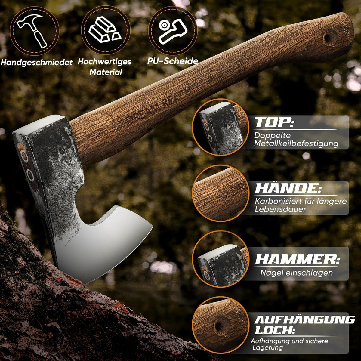 Handgeschmiedete Wikinger Axt mit Lederscheide, Outdoor Survival Werkzeug