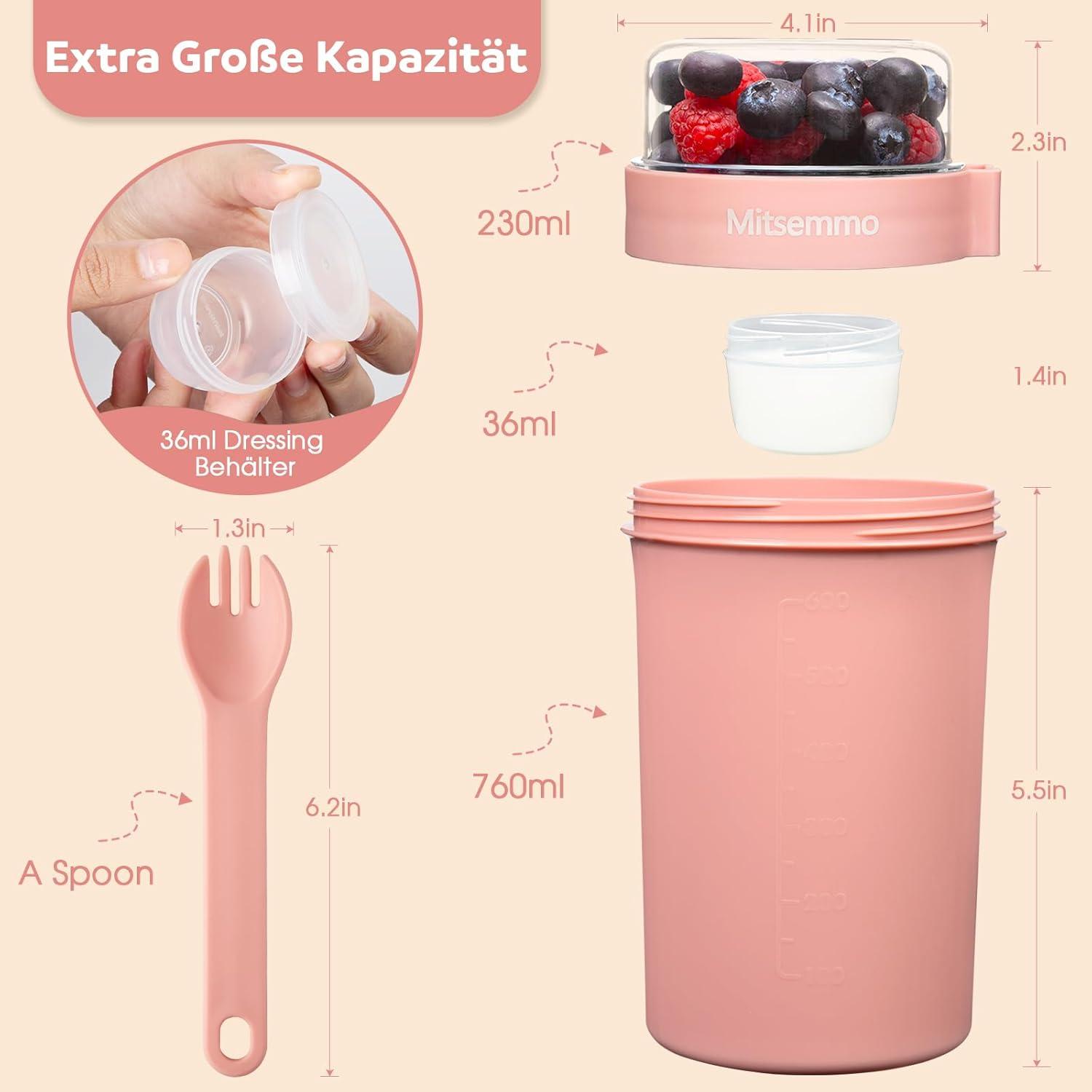 Müslibecher to Go 760ml+230ml mit Löffel, Becher Rosa