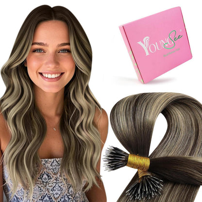 Echthaar Nano Ring Extensions Dunkelbraun Ombre Aschblond 45cm
