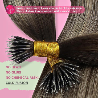 Echthaar Nano Ring Extensions Dunkelbraun Ombre Aschblond 45cm