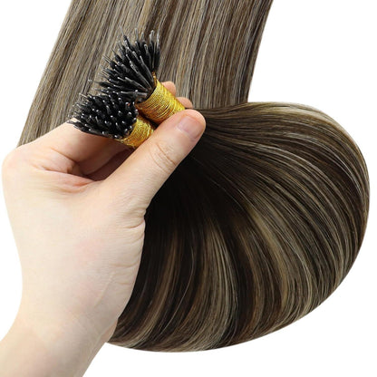Echthaar Nano Ring Extensions Dunkelbraun Ombre Blonde 50cm