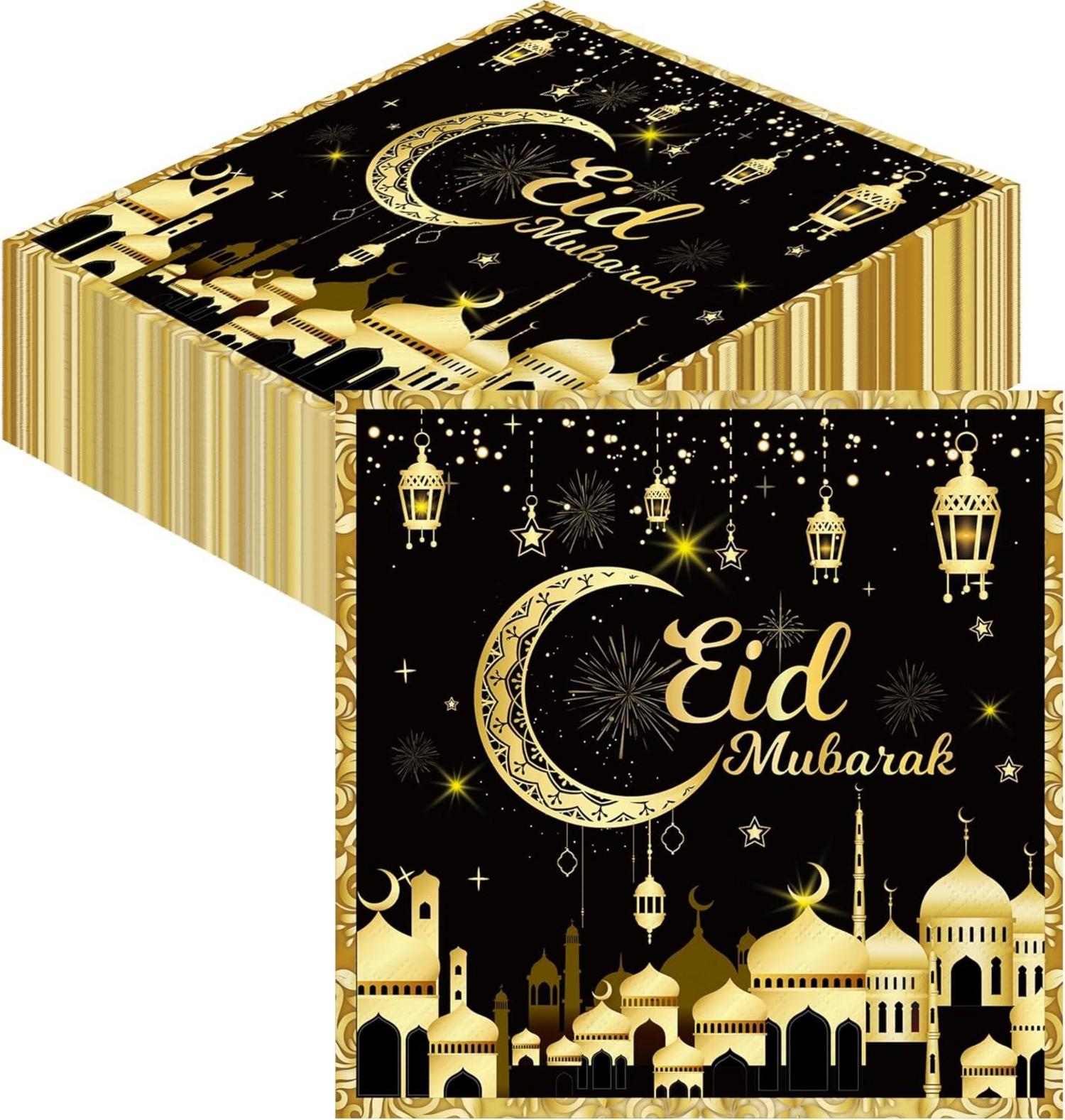 Ramadan Deko Servietten Schwarz Gold 80Stück 33x33cm Stern Mond Eid