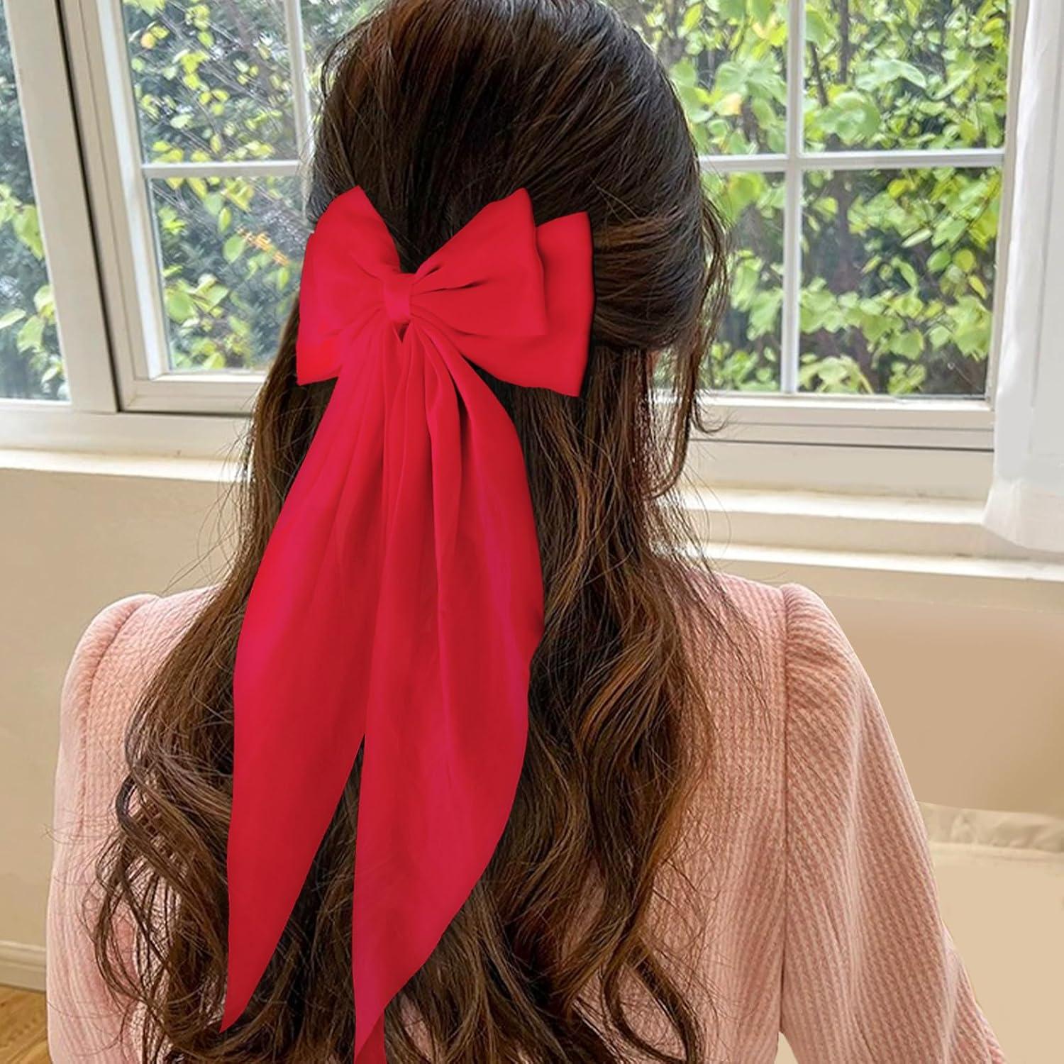 Satin Haarspangen Schleife langer Schwanz Metall Haarnadeln Rot