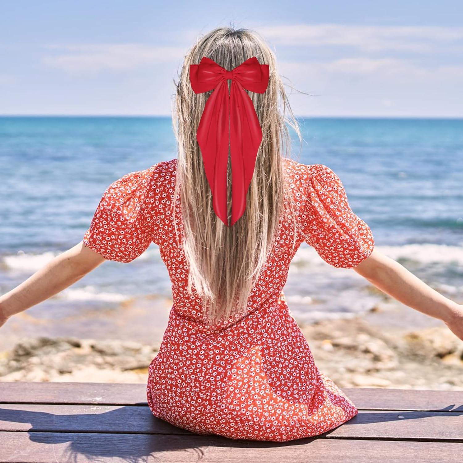 Haarspangen mit großer Schleife Satin langer Schwanz Haarschmuck Rot