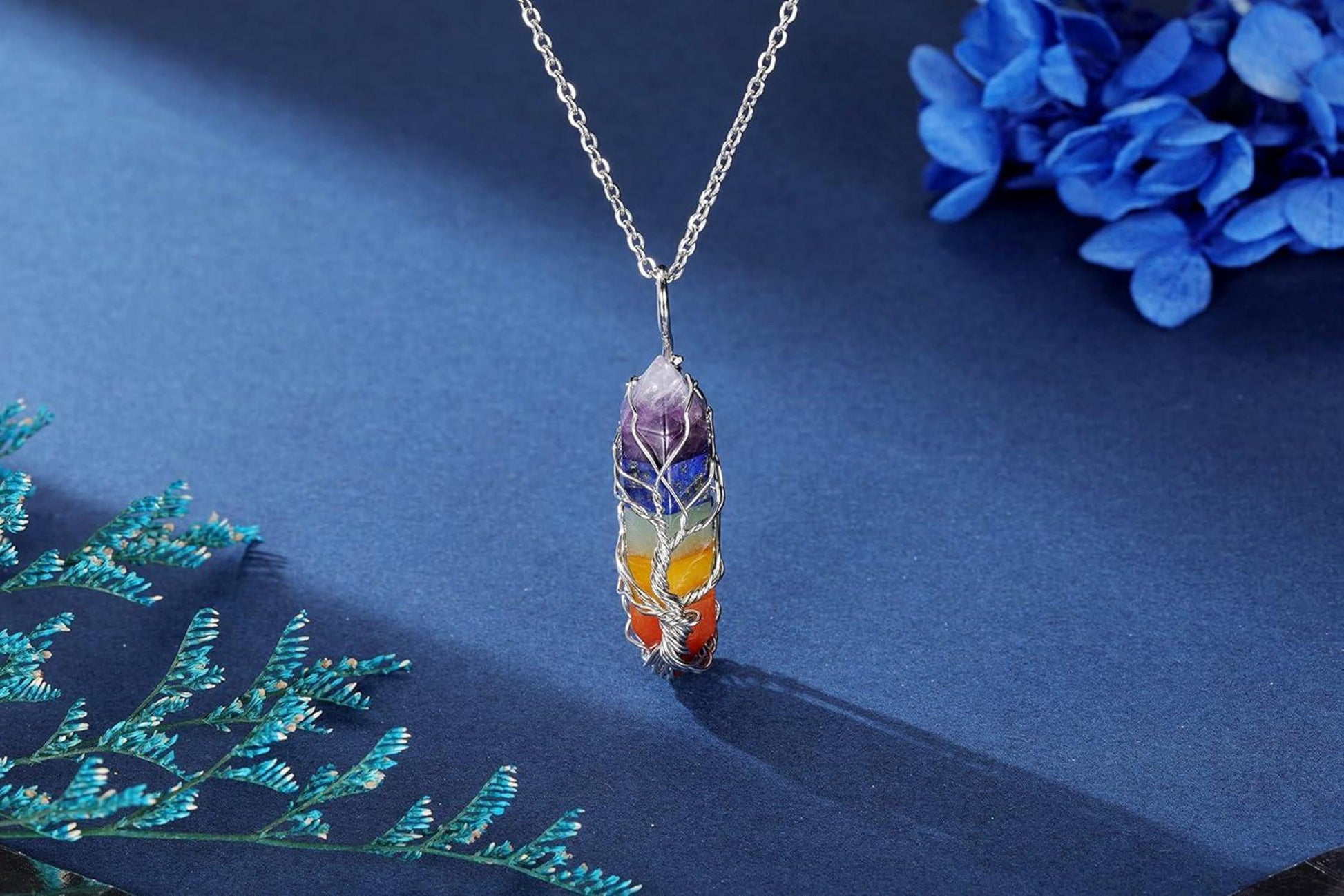 Chakra Heilstein Halskette Lebensbaum Anhänger Silber 24 Zoll