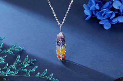 Chakra Heilstein Halskette Lebensbaum Anhänger Silber 24 Zoll