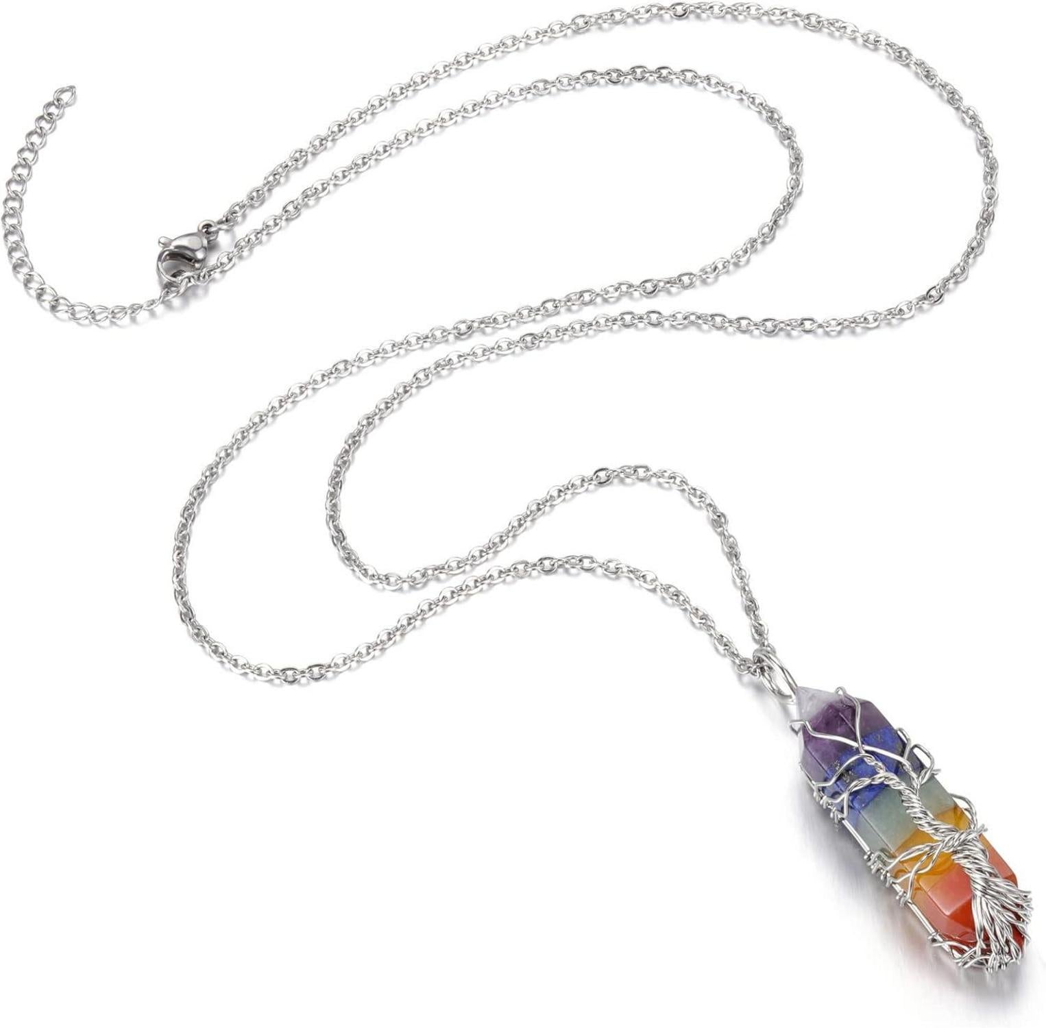 Edelstein 7 Chakra Heilsteine Halskette Silber Lebensbaum Amulett