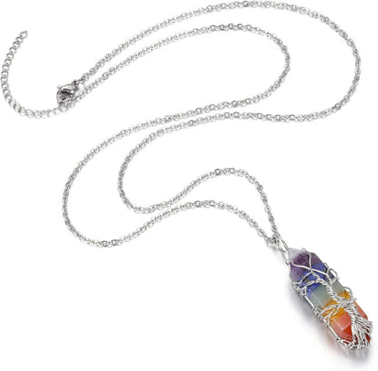 Edelstein 7 Chakra Heilsteine Halskette Silber Lebensbaum Amulett