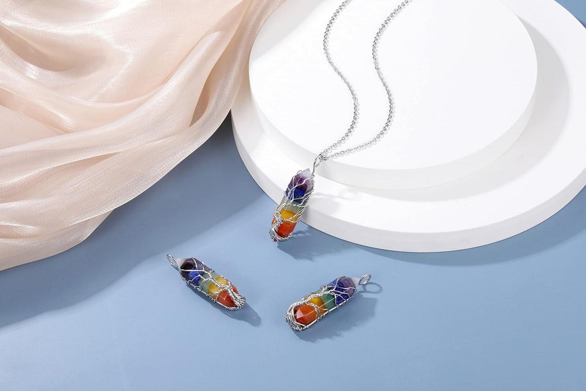 Chakra Heilstein Halskette Lebensbaum Anhänger Silber 24 Zoll