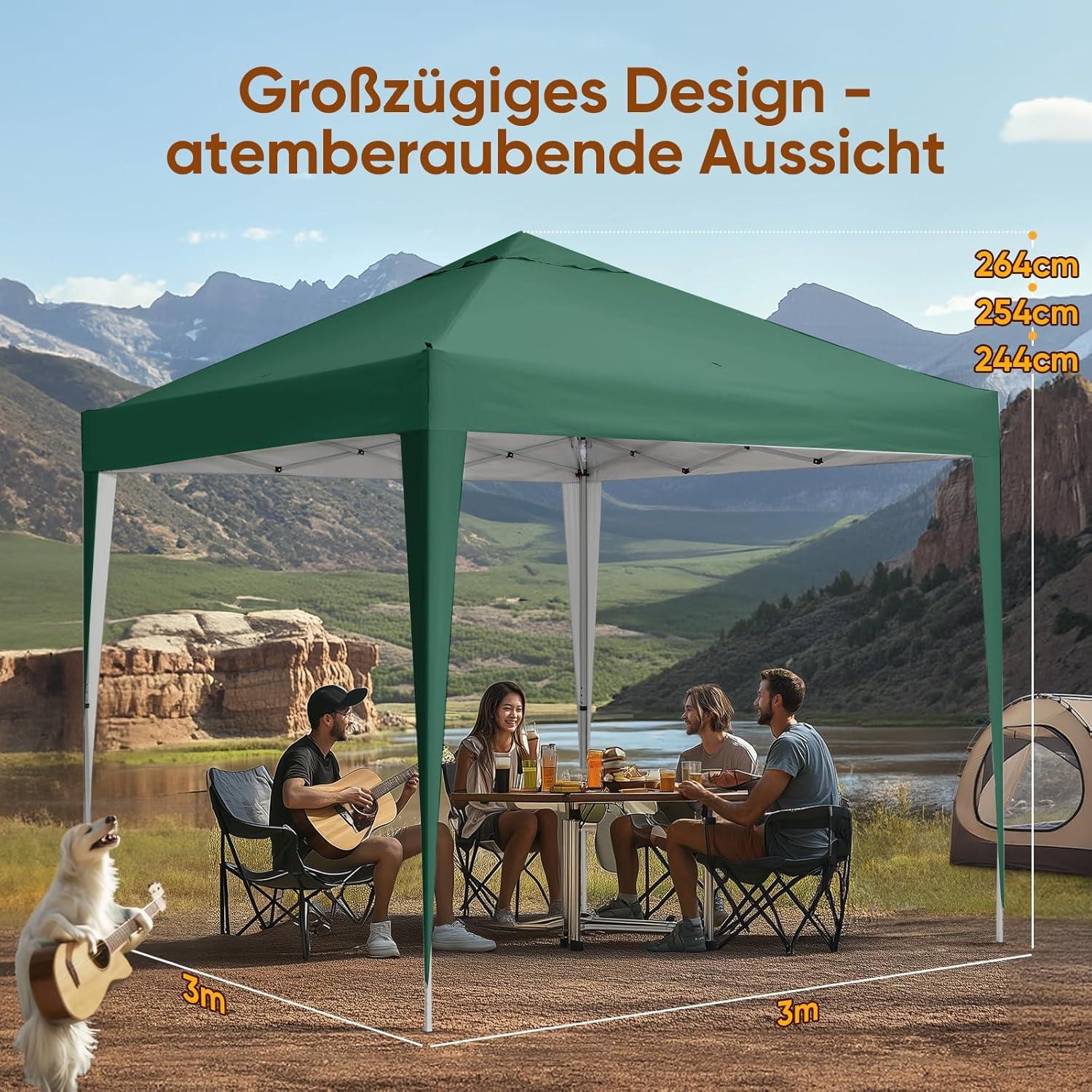 Pavillon 3x3m Wasserdicht Stabil Winterfest Pop-Up UV-Schutz 50+ Grün