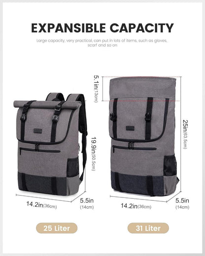 LOVEVOOK Rolltop Laptop Rucksack 17,3 Zoll Wasserdicht Uni Arbeit Reisen Business Grau