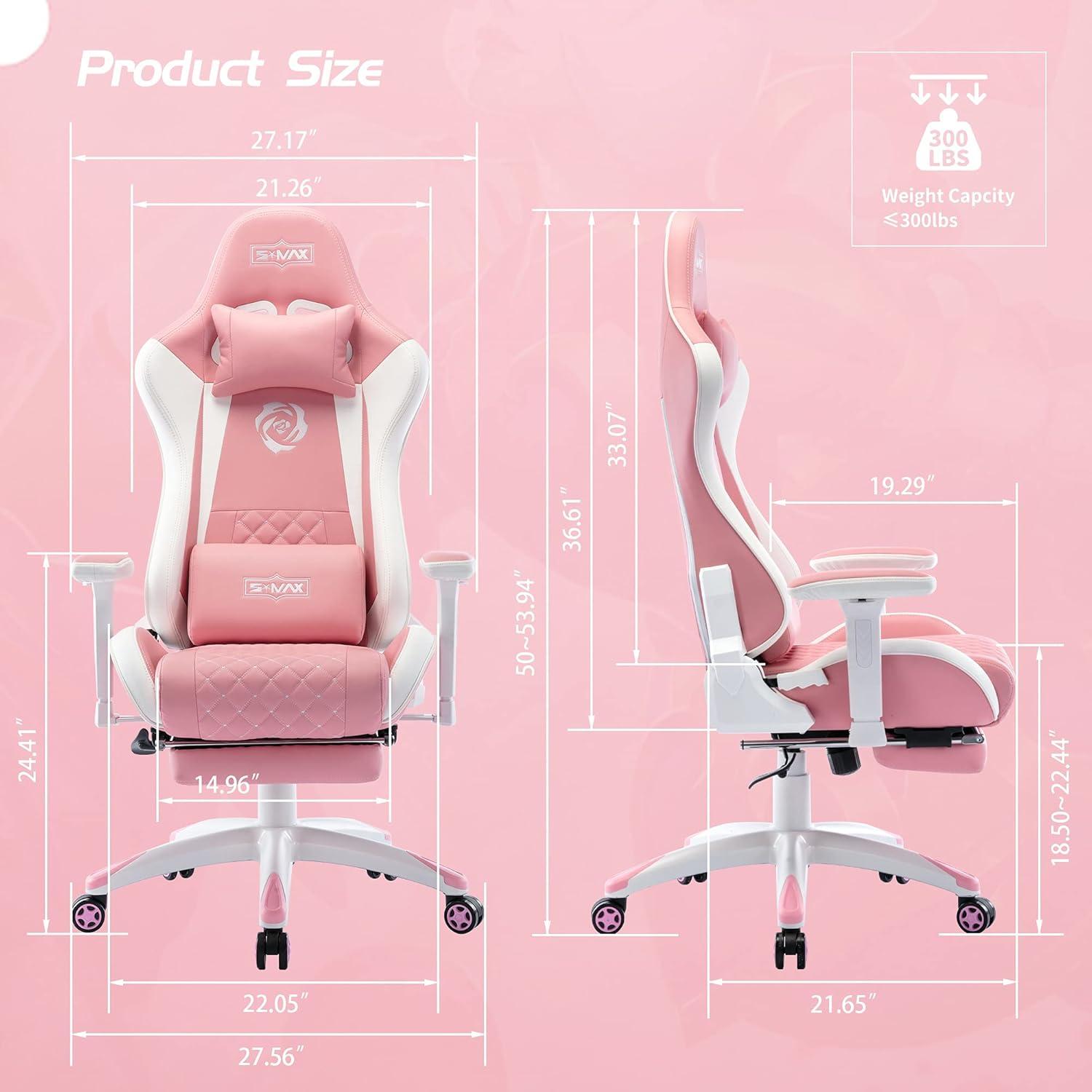 Gaming Stuhl Pink mit Fußstütze und verdicktem Sitz - Rosa 3D Armlehne