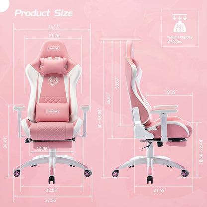 Gaming Stuhl Pink mit Fußstütze und verdicktem Sitz - Rosa 3D Armlehne