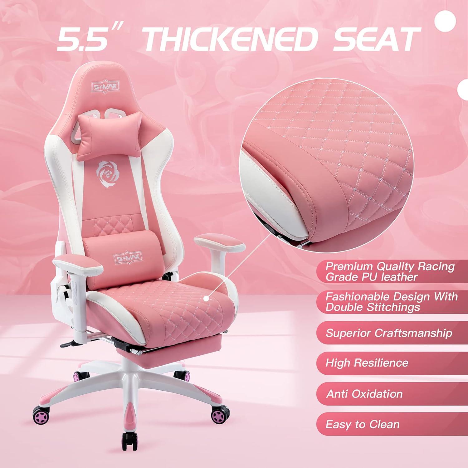 S*MAX Gaming Stuhl Pink mit Fußstütze und verdicktem Sitz
