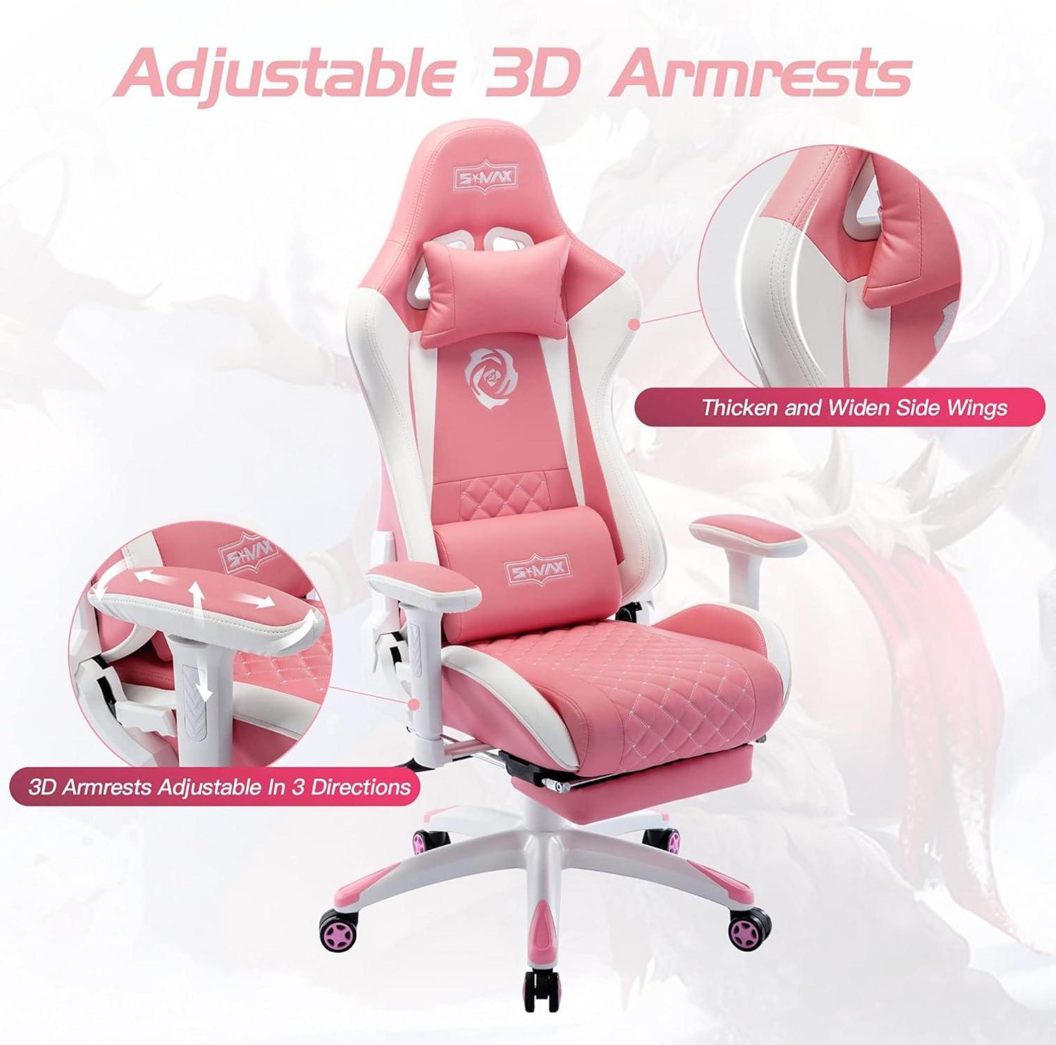 Gaming Stuhl Pink mit Fußstütze 3D Armlehne Lendenwirbelstütze PU
