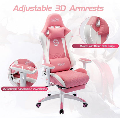 Gaming Stuhl Pink mit Fußstütze 3D Armlehne Lendenwirbelstütze PU