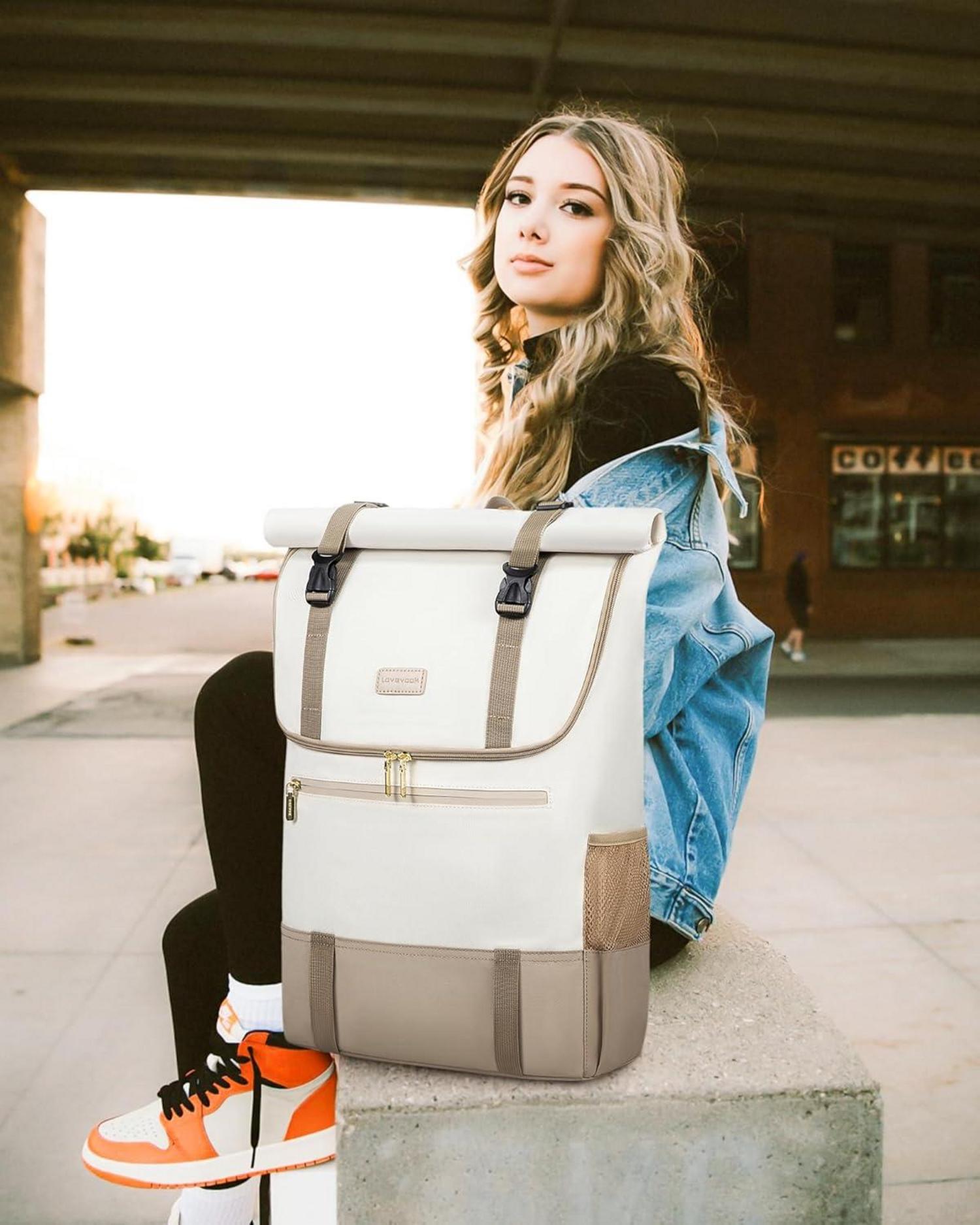 Rolltop Rucksack 17,3 Zoll Laptop Damen Herren Beige Khaki