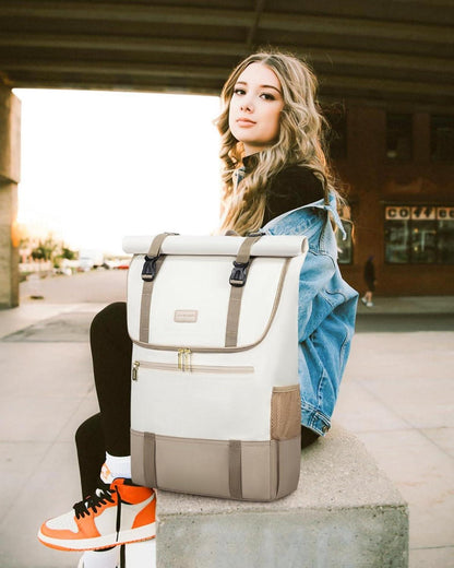 Rolltop Rucksack 17,3 Zoll Laptop Damen Herren Beige Khaki