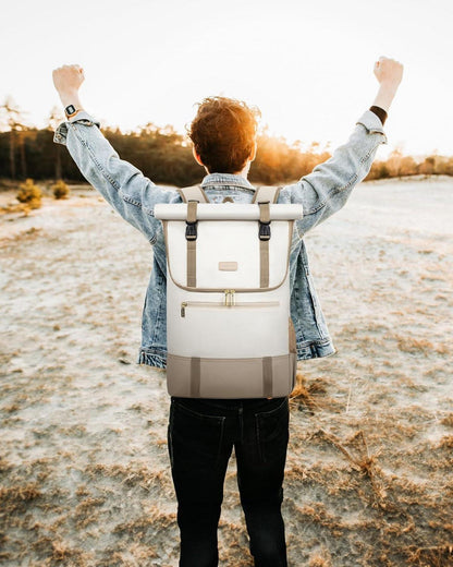 Großer Rolltop Laptop Rucksack 17,3 Zoll Uni Business Reise Beige
