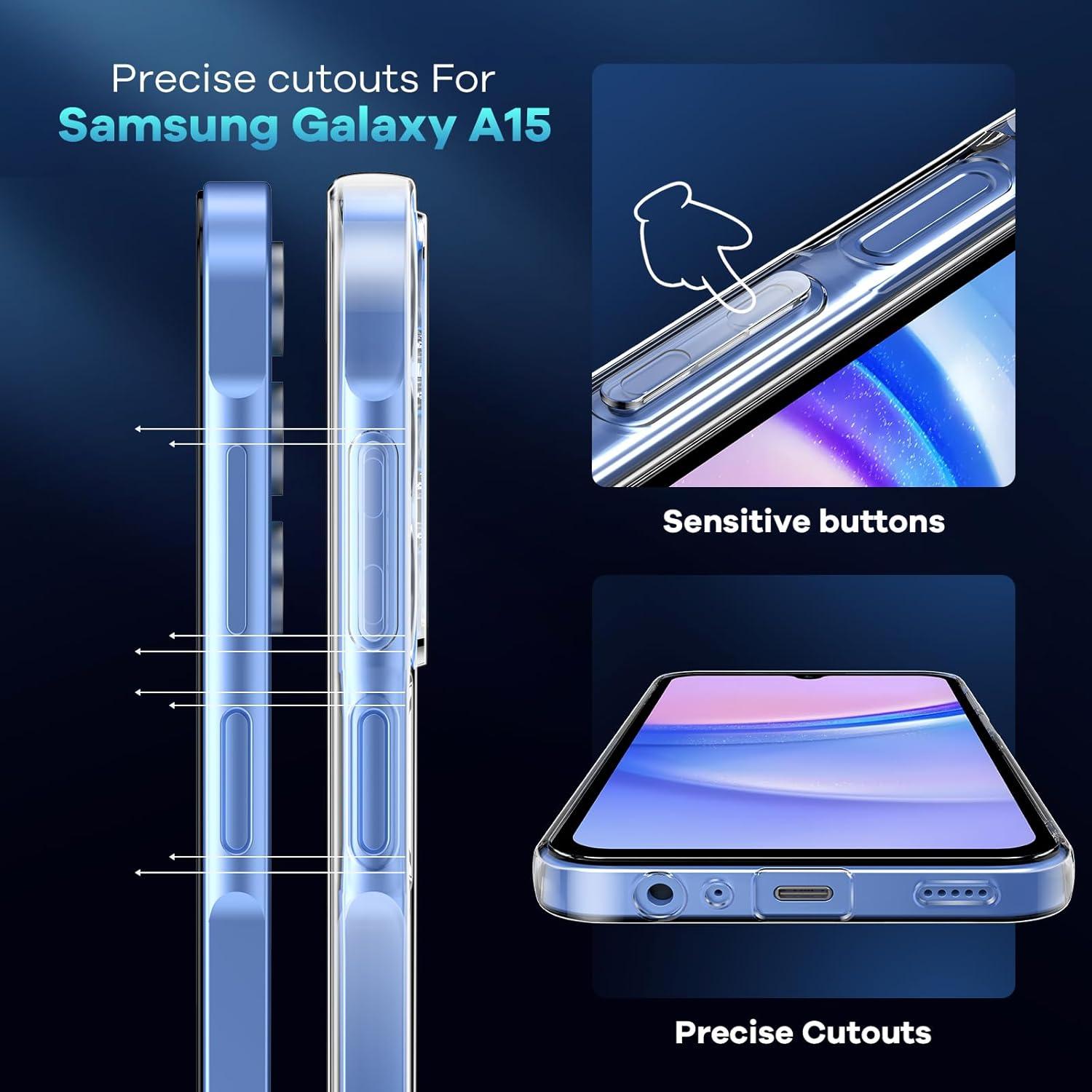 Transparente Samsung Galaxy A15 Hülle mit 2 Stk. Hartglas, Weiche TPU Stoßfest