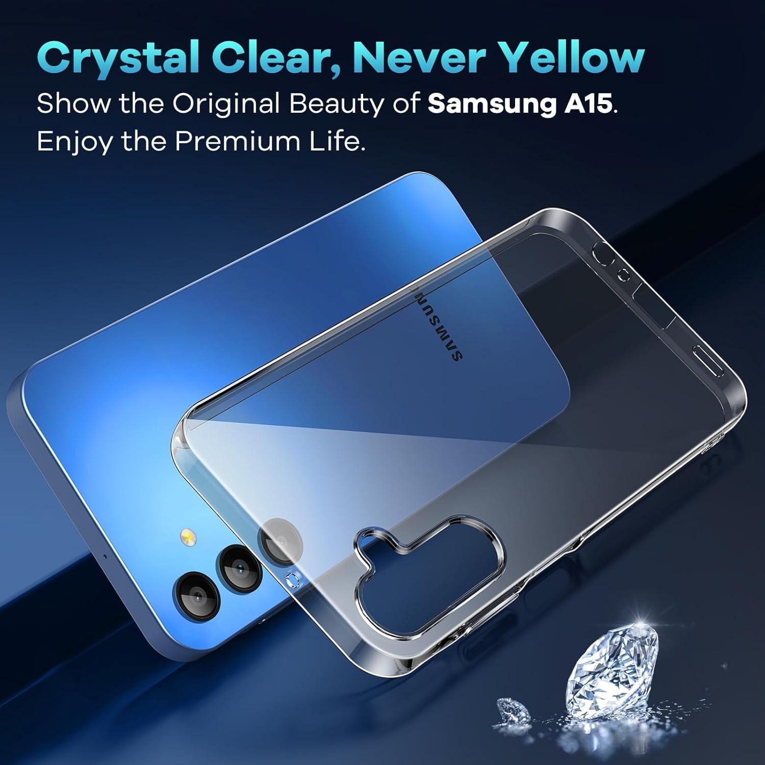 Hülle Samsung Galaxy A15 4G/5G + 2 Panzerfolie, Transparent Stoßfest