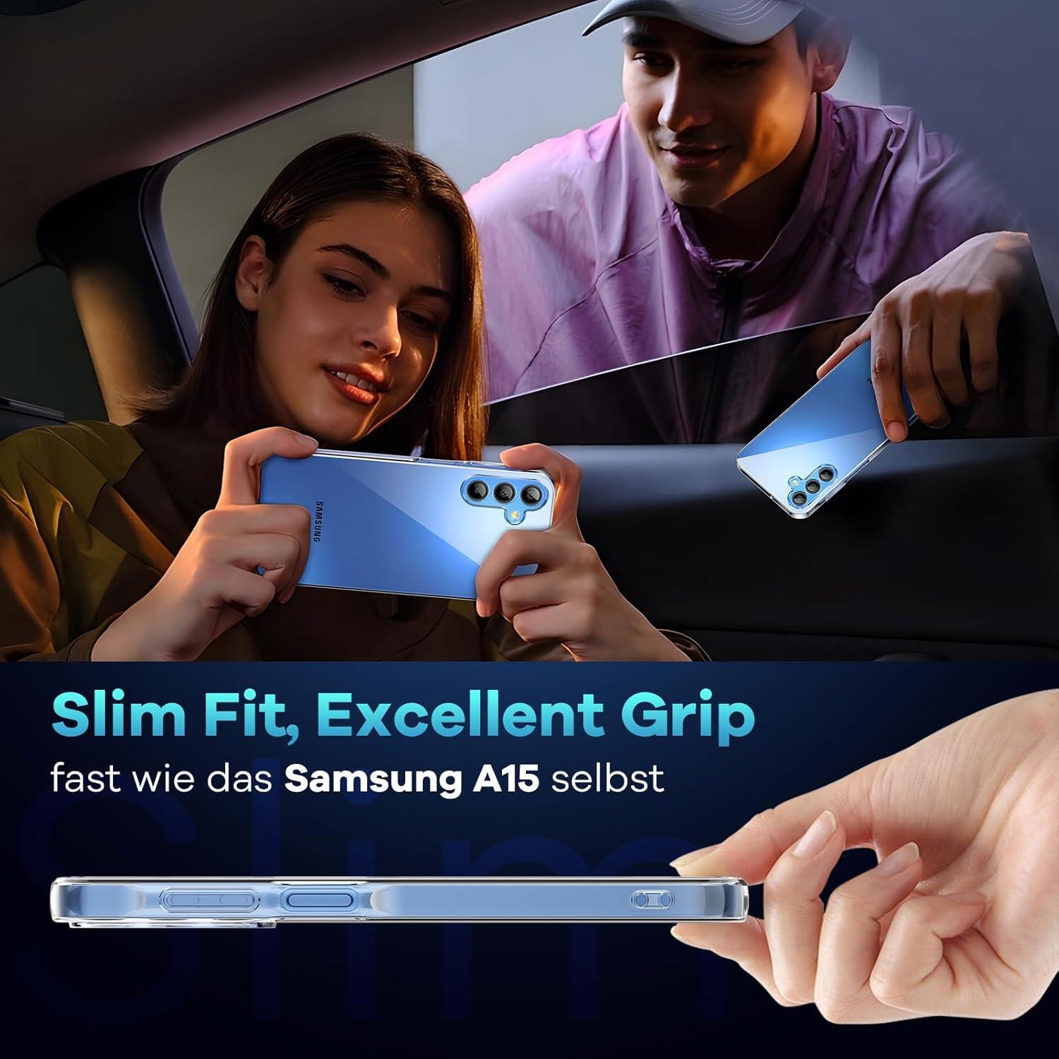 Transparente Samsung Galaxy A15 Hülle mit Hartglas - Stoßfest & Kratzfest