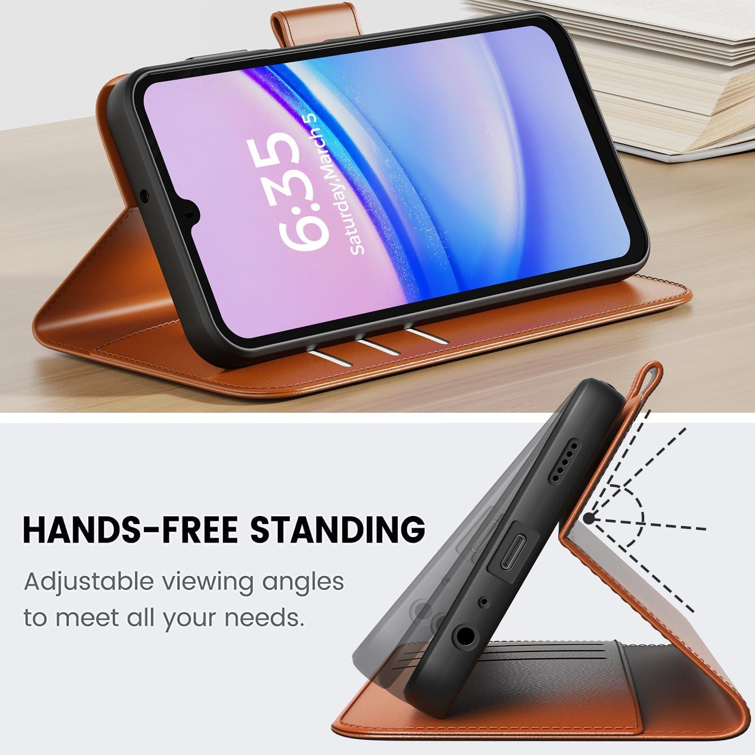 Handyhülle für Samsung Galaxy A15 4G / 5G - Braun PU Leder Schutzglas RFID Blockierung