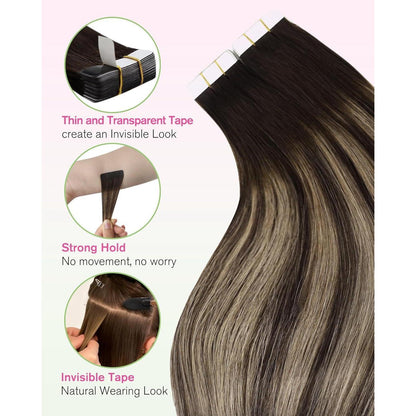 Echthaar Tape Extensions Ombre Dunkelbraun mit Blond
