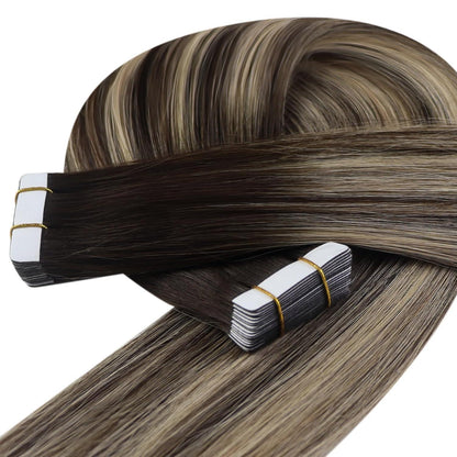 Echthaar Tape Extensions Ombre Dunkelbraun mit Blond