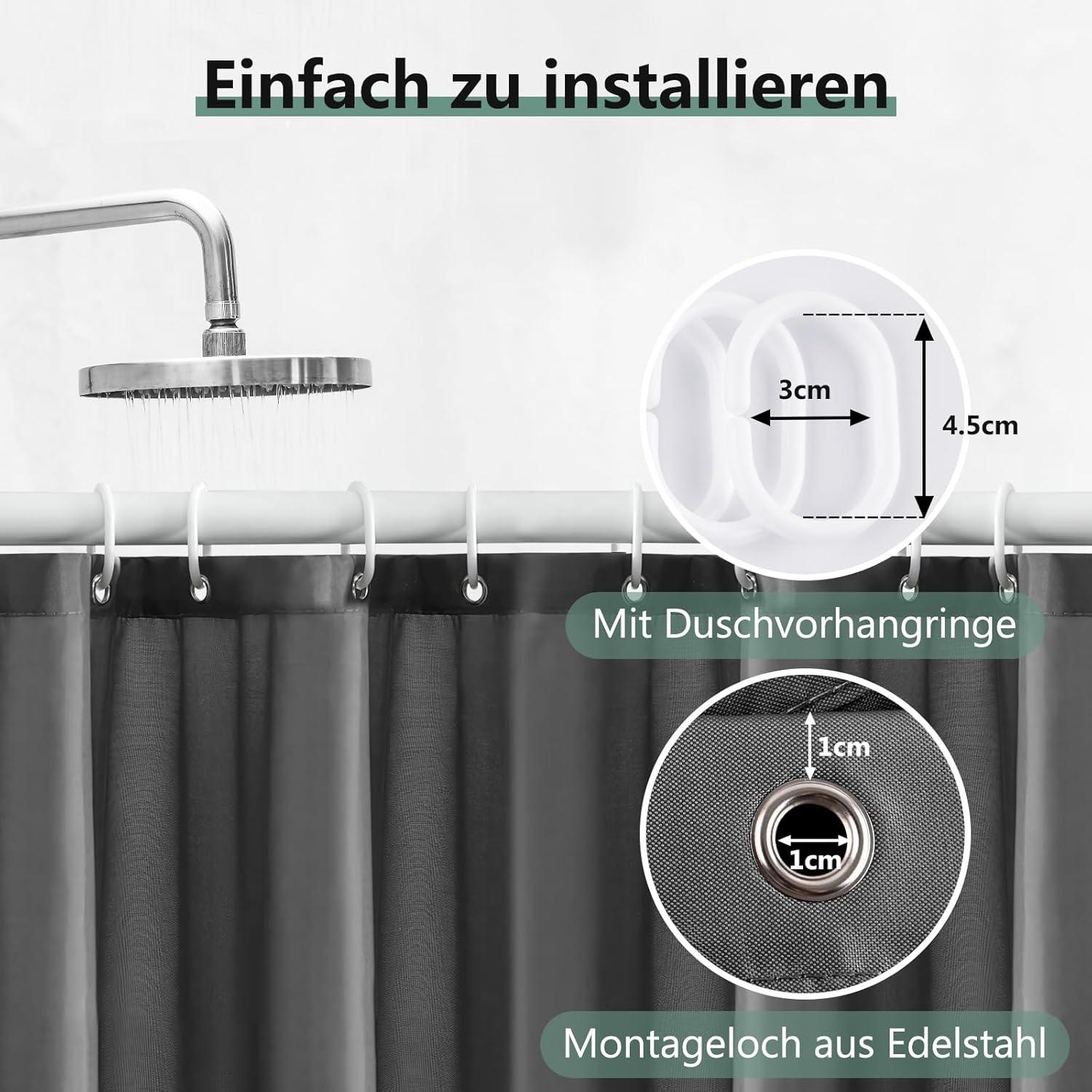 Duschvorhang 180x220 cm Dunkelgrau Anti-schimmel PVC Antibakteriell 8 Haken