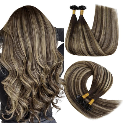 Echthaar Bonding Extensions Ombre Dunkelbraun-Aschblond 50cm