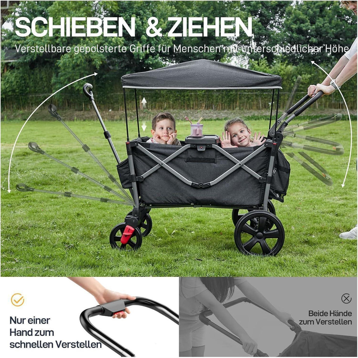 Faltbarer Bollerwagen für 2 Kinder mit Dach und Wickelrucksack