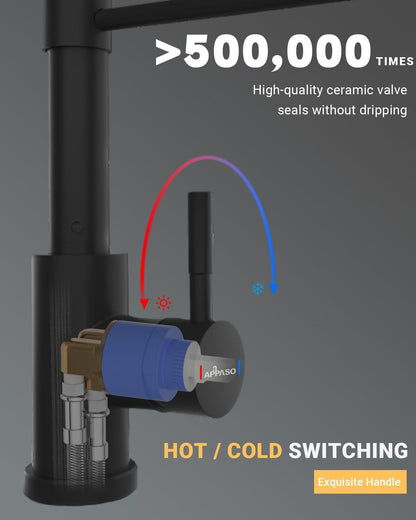 APPASO Wasserhahn Küche Schwarz mit Brause 3 Strahlarten 360° Drehbar - Edelstahl schwarz Armatur
