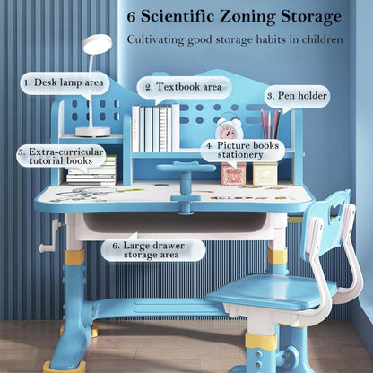 Kinder-Schreibtisch- und Stuhl-Set höhenverstellbar mit Schublade und Bücherregal blau