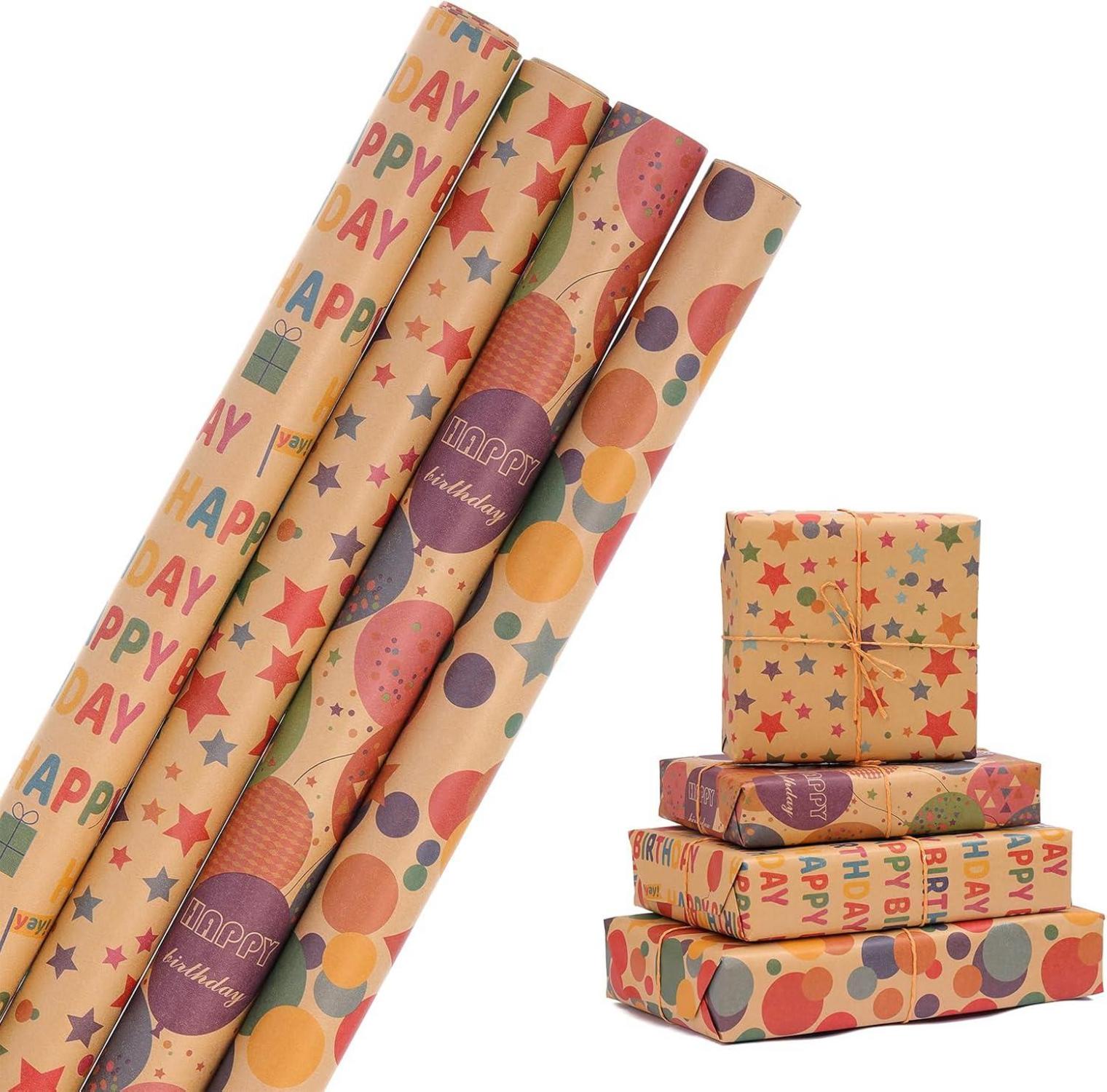 Happy Birthday Wrapping Paper Set 4 Rolls Kraft Paper 43cm x 3M