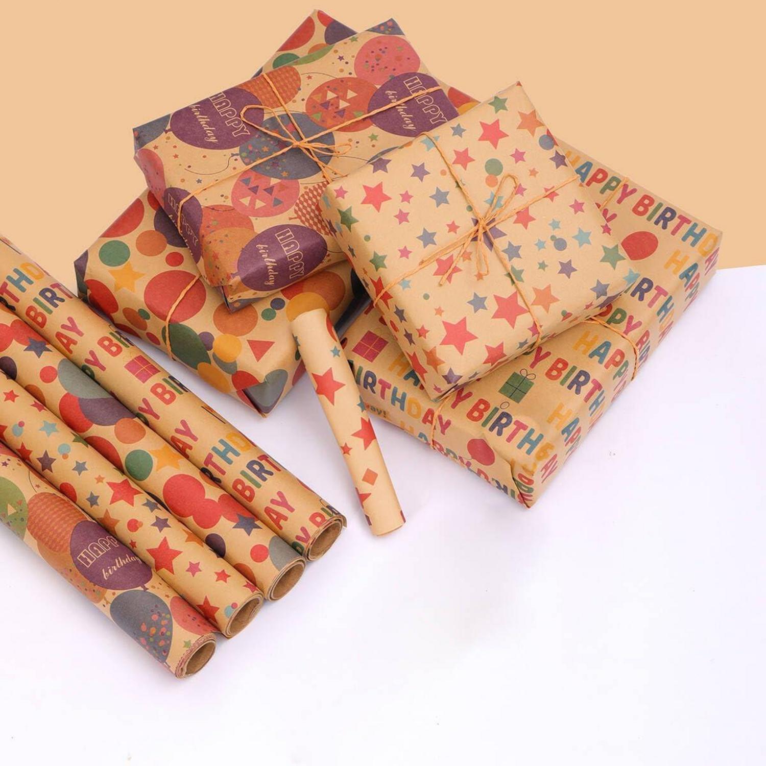 Happy Birthday Wrapping Paper Set 4 Rolls Kraft Paper 43cm x 3M