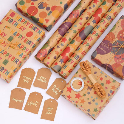 HBell Birthday Wrapping Paper Rolls 4-Pack Dots Star Kraft Gift 43cm x 3M