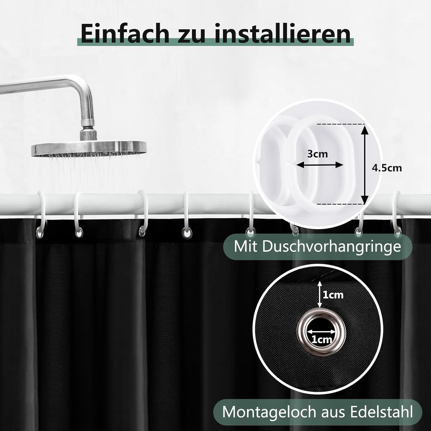 REDKEY Duschvorhang 180x220 cm Schwarz Antibakteriell und Wasserabweisend