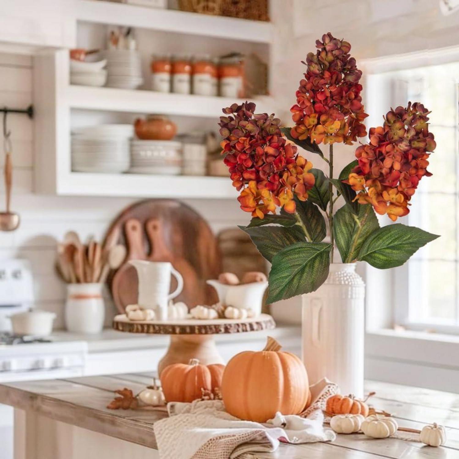 3er Set Hortensien Kunstblumen Rispenhortensie Orange 73CM-Seide für Herbst Dekoration