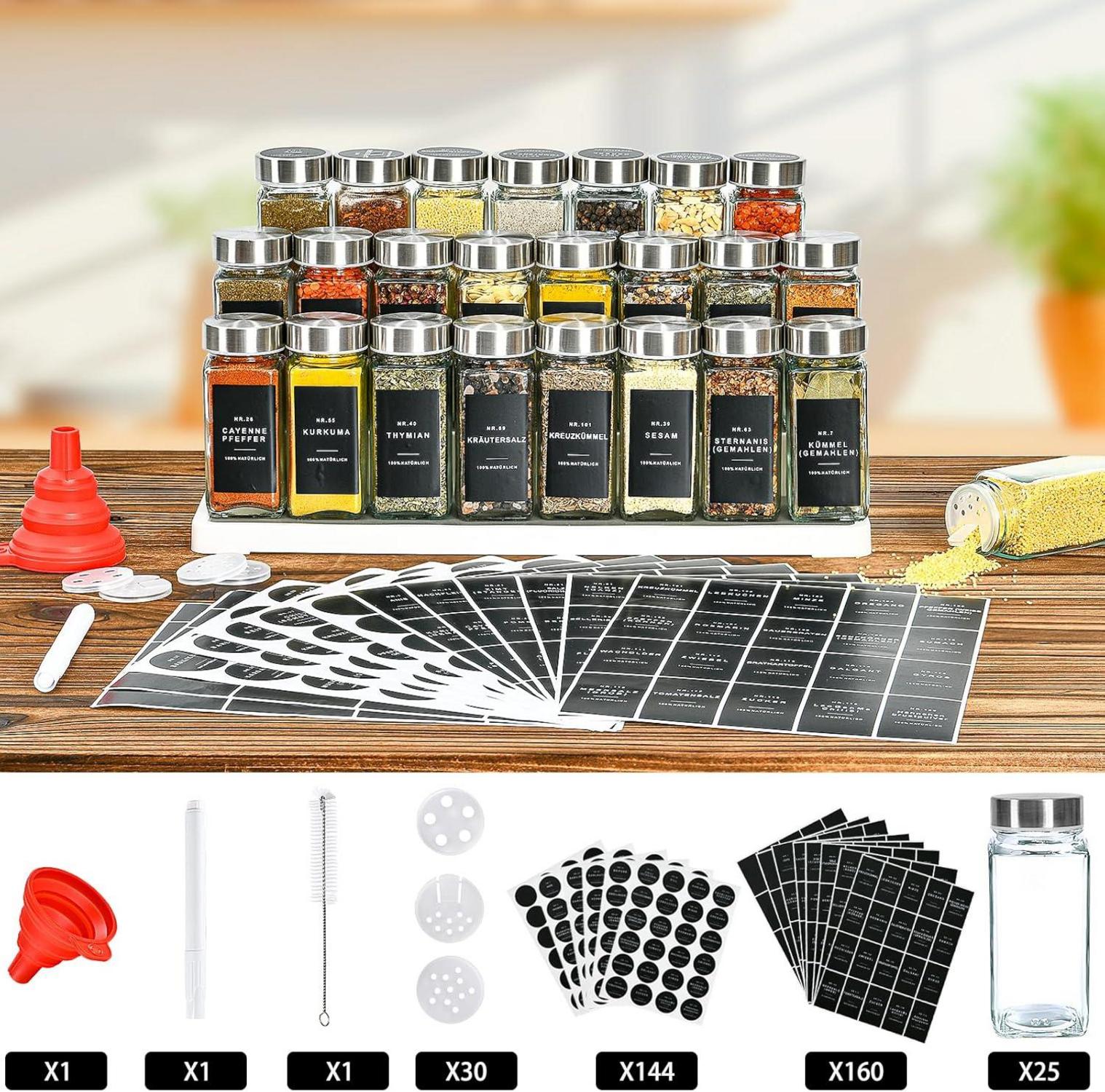 Gewürzgläser Eckig 25er Set: Glas Gewürzdosen 120ml, Spice