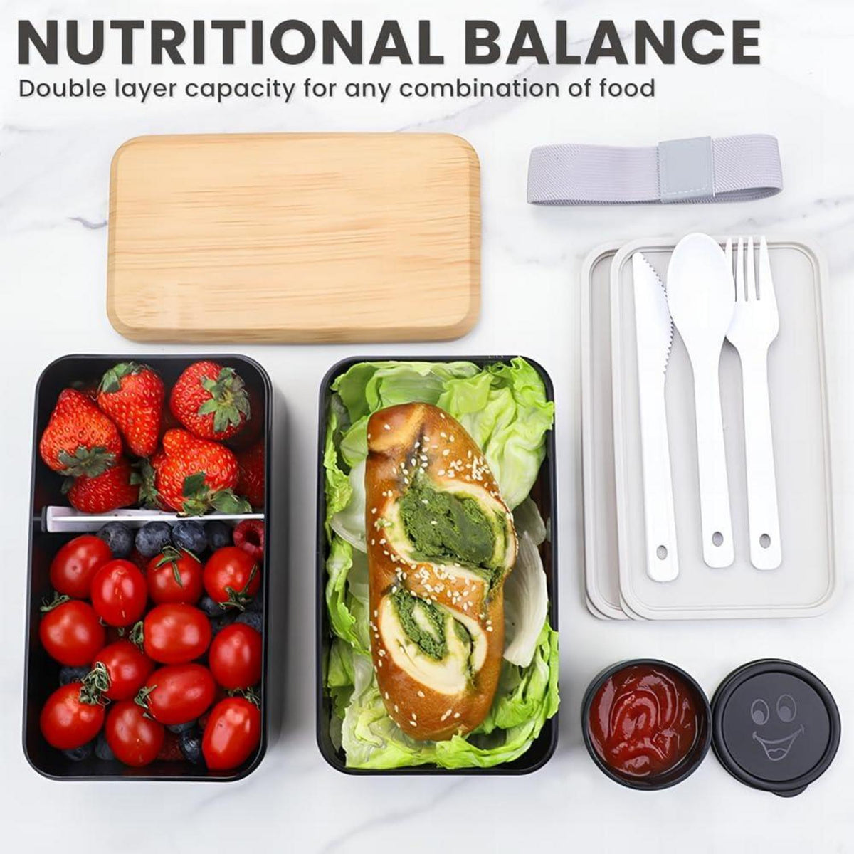Bugucat Bento Box 1400ML Schwarz Lunchbox für Erwachsene Kinder