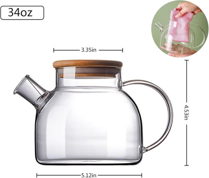Glas Teekanne mit Siebeinsatz und Holzdeckel 1L Borosilikat