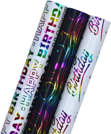 3er Set Geschenkpapierrollen 43cm x 3m bunt mit Happy Birthday Design