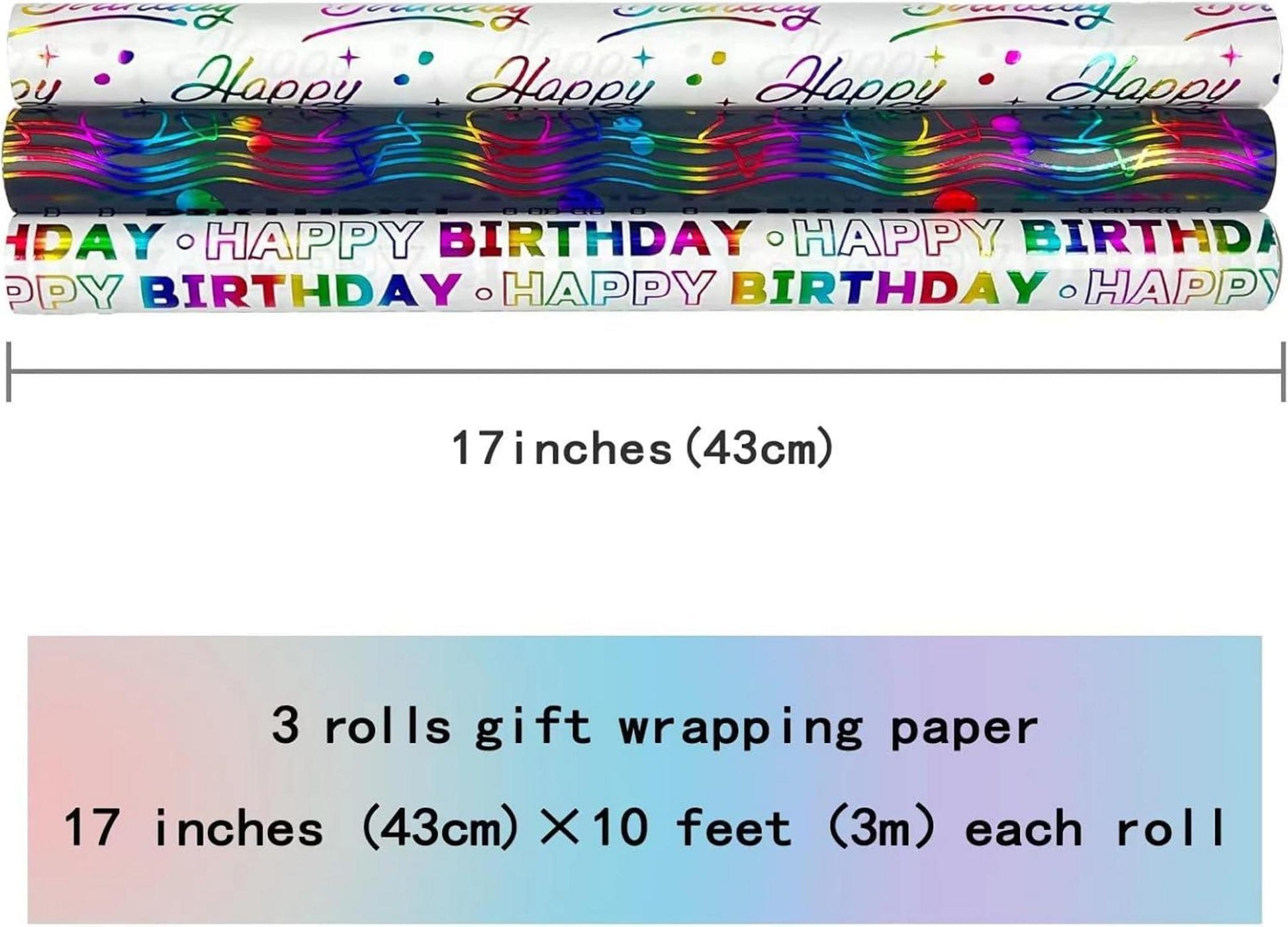 3er Set Geschenkpapierrollen 43cm x 3m bunt mit Happy Birthday Design